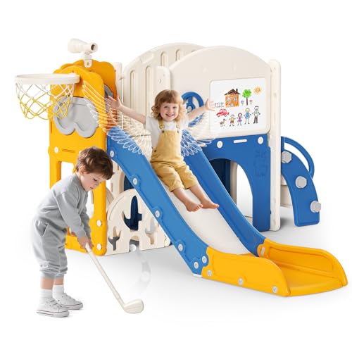 Tobogán infantil con diseño de alce navideño, con juego de golf, tobogán para bebé, dispositivo de parque infantil, para interiores y exteriores, independiente (azul y naranja, 6 en 1)