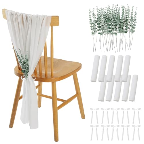 MEMORAVITA Wedding Aisle Chair Decorations Set - 40 x 55 Inch - 50 Pack Includes 10 Draping Fabric White Chair Sashes, 10 White Ribbons, 30 Eucalyptus Plants, Chair Decoration for Wedding Ceremony