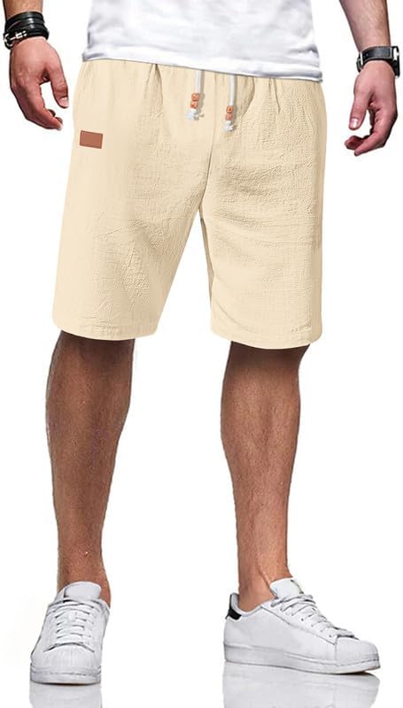 Men's Cotton Linen Shorts 9 inch Drawstring Casual Elastic Waist Summer Beach with Pockets
