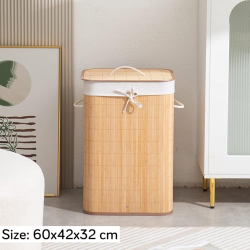 Image of HOKIPO Eco-Friendly Foldable Bamboo Laundry Basket Hamper with Lid, Large - 81 Liter, Light Brown (AR1537)