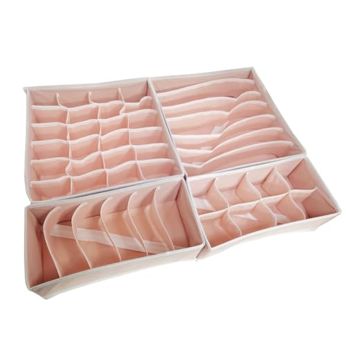 WOLKKAM 4ピース下着収納ボックス引き出し式布製ソックス下着コンパートメントホームワードローブ収納ボックス (ピンク)