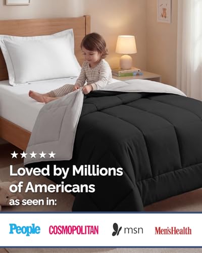 Image of Twin Size, Black & Light Grey Alternative Down Comforter - Warm, Lightweight & Breathable Hotel Quality Bedding Set for Men, Women, Kids & Teens - All Season Cooling Microfiber Duvet Insert Comforter