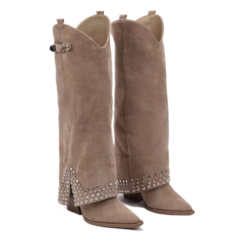 Womens Studded Knee High Boots Western Style Suede Leather Boots Pointed Toe Low Block Heel Fashion Cowboy Riding