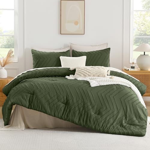 Image of Andency Olive Green Comforter Set Queen Size, Boho Soft Fluffy Warm Lightweight Bedding Comforter Sets for Queen Bed, 3 Pieces Chevron Tufted Aesthetic Microfiber Lightweight Comforter Set