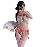 SENJIY sexy lingerie dress for Women Outfit exotic Hanfu Cosplay Costume Chinese cheongsam Fairy Bridal Cute tassel anime Roleplay babydoll Bra Top Thong White Red