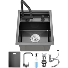 Hidden RV Kitchen Sink with Foldable Faucet, 13.7" x 17.7" Undermount Stainless Steel Single Bowl Workstation Bar Sink for camping and small spaces Dark Grey