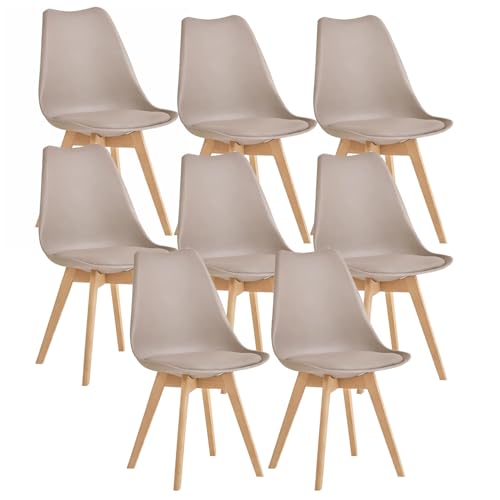 BM Home 8 Chaises Tulipes Salle à Manger Scandinaves de Bureau, Pieds en Bois de Hêtre Massif, Couleur Taupe, Style Nordic, Revêtement Cuir Synthétique