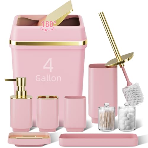 9PCS Bathroom Accessory Set Pink Bathroom Set with Large-Capacity 4 Gallon Trash Can Bathroom Accessories Set Complete Toothbrush Holder Soap Dispenser Toilet Brush Bathroom Decor
