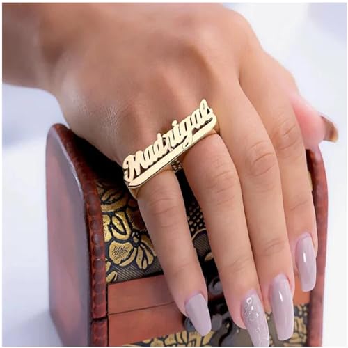 Gemiac Personalized Name Ring with Heart 18K Gold Plated Ring Unisex Custom Nameplate Initial Ring Jewelry Gift for Women Men2