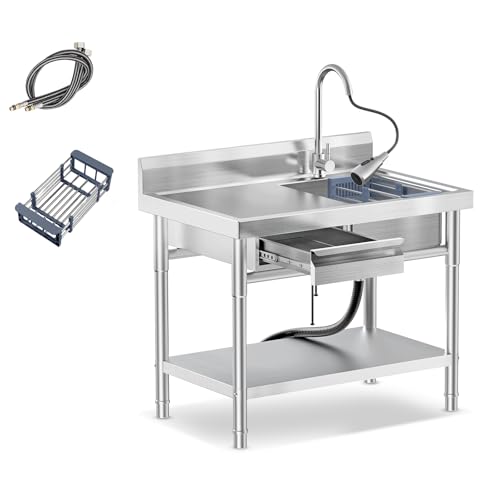 Image of Stainless Steel Utility Sink, Free-Standing Commercial Sink with Workbench, Drawer Storage & Hot /Cold Water Pipes for Kitchen Laundry, Farmhouse & Outdoor 39.5 x 23.6 x 31.4 in