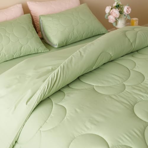 Image of KAREVER Sage Flower Comforter Queen Green Sunflower Print Bed Queen Comforter Set 3 Pieces Green Floral Comforter Set for Women Girls Bedroom Decor All Season Hotel Quality Comforter Set