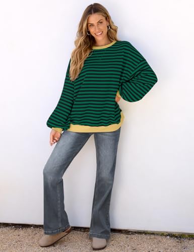 Image of UEU Women Oversized Striped Crewneck Sweatshirt Long Sleeve Color Block Pullover Tops Casual Loose Workout Shirt