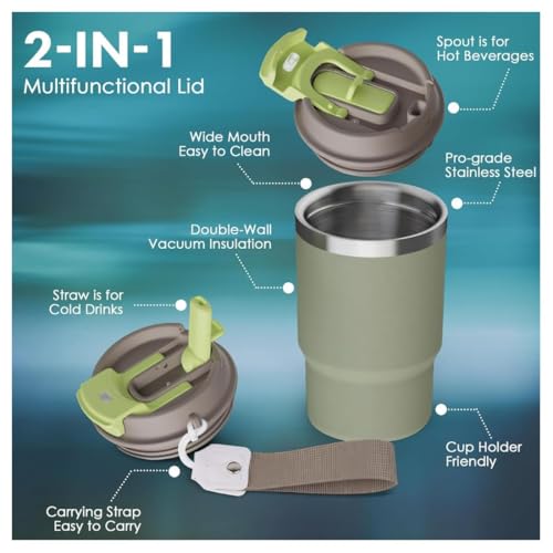 Image of Wosta Classic Tumbler 3.0-16oz /480Ml, Travel Mug with 2-in-1 Straw Lid, Vacuum Insulated Stainless Steel Insulated Mug, Double Walled, Thermos Travel Mug for Hot and Cold Coffee. (Green)