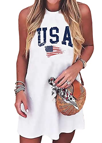 Wudlads American Flag Tank Dress for Women 4th of July Patriotic Graphic Sleeveless Mini Dress Casual Vacation Short Dresses(White5,Medium)