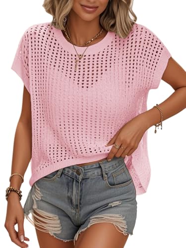 Image of Womens Summer Crochet Tops Hollow Out Cap Sleeve Cover Up Tank Top Pullover Sweater Vest Beach Vacation Clothes
