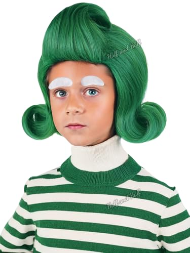 Dark Green Curly Wig and Eyebrows Short Green Costume Wigs Green Wave Wig Synthetic Hair for Halloween Party Outfit