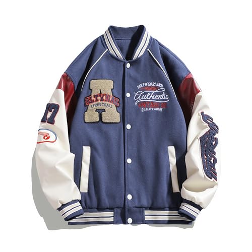 Image of Mens Varsity Letterman Jackets: Vintage Streetwear Baseball Bomber Jacket for Men Women Casual Leather Sleeves Coat