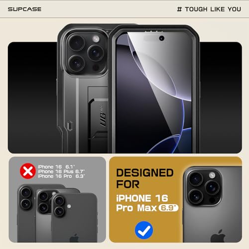 Image of SUPCASE for iPhone 16 Pro Max Case with Screen Protector (Unicorn Beetle Pro), [Built-in Stand & Belt-Clip] [Military-Grade Protection] Full Body Heavy Duty Phone Case for iPhone 16 Pro Max, Black