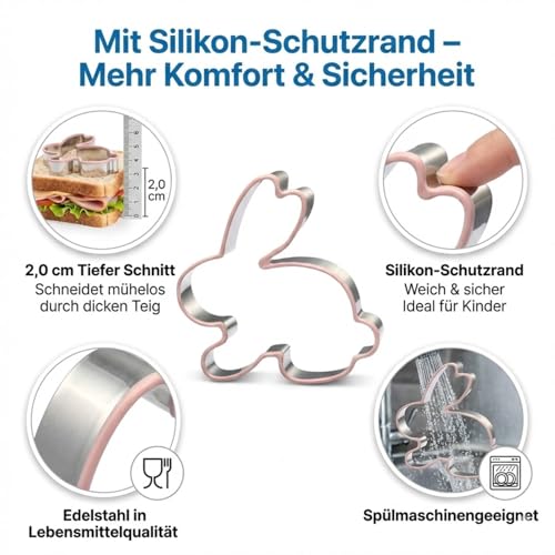UKoosien Hasen Keksausstecher 3er Set – Osterhase Ausstecher mit Silikon-Schutzrand, Edelstahl, 10/8 / 6 cm, 2,0 cm tief, Plätzchen, Fondant & Sandwich Ausstechformen, Spülmaschinenfest