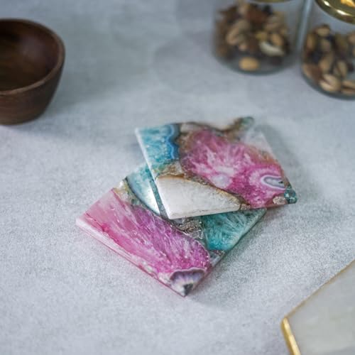 Image of Crystal Agate Stone Coaster Set of 2 Square Table Coaster for Bar Beer Coffee Tea Drinking Coasters for Dining Table Hot Pots -Multicolor