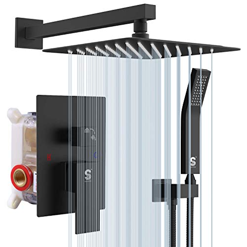 SR SUN RISE 12 Inches Matte Black Shower System 12 Inch Brass Bathroom Luxury Rain Mixer Shower Combo Set Wall Mounted Rainfall Shower Head System Shower Faucet Rough-in Valve Body and Trim Included SR SUN RISE 12 Inches Matte Black Shower System 12 Inch Brass Bathroom Luxury Rain Mixer Shower Combo Set Wall Mounted Rainfall Shower Head System Shower Faucet Rough-in Valve Body and Trim Included