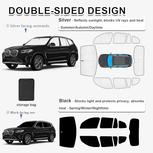 Image of KMF 10pcs Thickened Sun Shade for BMW X3 2018-2024, Full Set Window Covers for Windshield Side & Rear, Double-Sided Silver & Black, UV Heat Block Sun Visor, Privacy & Blackout for Car Camping