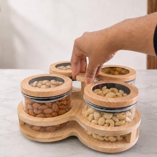 Image of Borosilicate Glass Storage Jars Set of 4 with 360 Rotating Bamboo Tray, 500ml Airtight Round Glass Containers with Silicone-Sealed Wooden Lids, Dry Fruit, Nuts, Spice Organizer for Kitchen