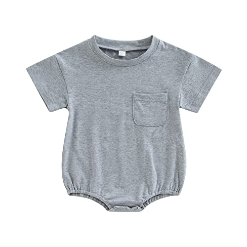 Image of AEEMCEM Baby Boy Girl Oversized T-Shirt Bubble Romper Solid Color Short Sleeve Pocket Bodysuit Top Summer Clothes