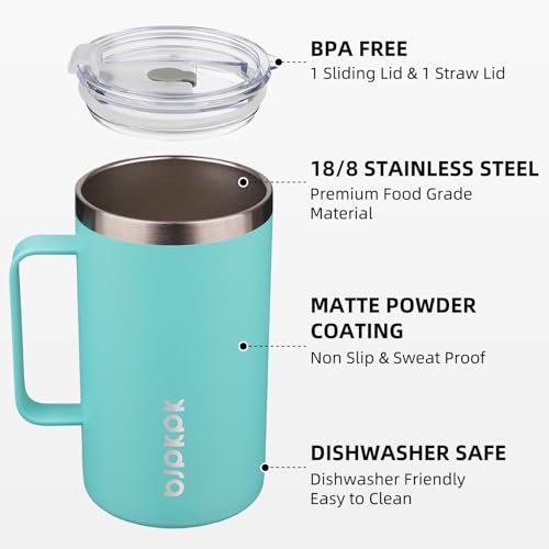 Image of BJPKPK 25oz Insulated Coffee Mug with Handle, Stainless Steel Travel Mug | Keeps Drinks Hot & Cold, Double Wall Vacuum, 2 Lids Included, BPA-Free Coffee Tumbler for Home, Office & Travel
