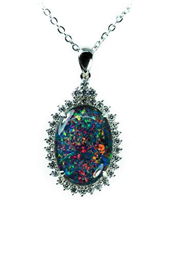 Australia Fire Opal Jewelry- Large Genuine Australian Triplets Opal Necklace Pendant White Gold Plated Sterling Silver Women's Jewelry
