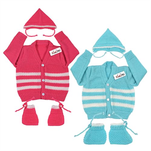 Image of Baby Winter Sweater | Wool Knit Full Sleeve Cardigan for Babies | Soft Warm Winter Clothing for Newborn Boys Girls & Toddlers, Combo Firozi & Rani (3 to 6 Months) Pack of 2