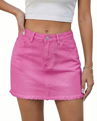 luvamia Women's Casual Mid Waisted Washed Frayed Pockets Denim Jean Short Skirt Hot Pink Size Large Fits Size 12-14