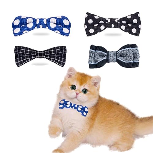 Wag&Wink猫 首輪 犬 可愛い 調節可能 ペット 鈴付き 蝶結び バンダナ よだれかけ 黒 青 水玉 ストライプ 綿 日常 高級 プレゼント 軽量 安全（4枚）