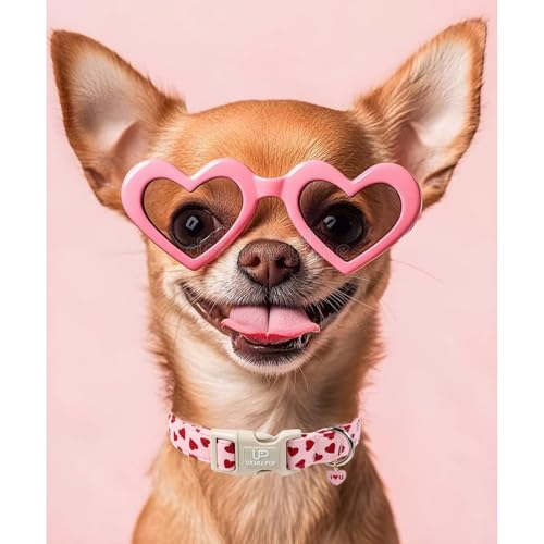Image of Valentine's Dog Collar, UP URARA PUP Pink Love Heart Adjustable Pet Collar with Bowknot Charm, Adorable Wedding Dog Accessories for Small Medium Large Dogs