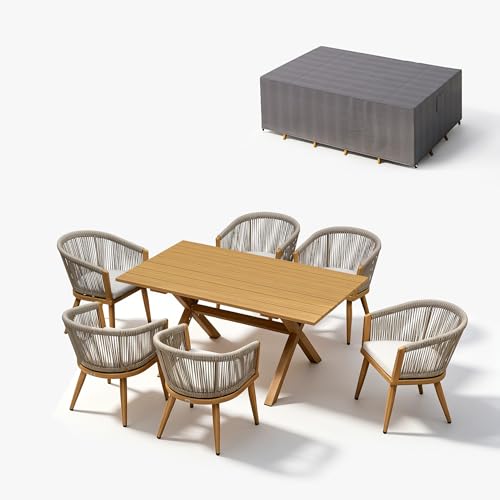 Image of PURPLE LEAF Outdoor Dining Set for 6 with Cushions PE Rattan Teak w /Cover