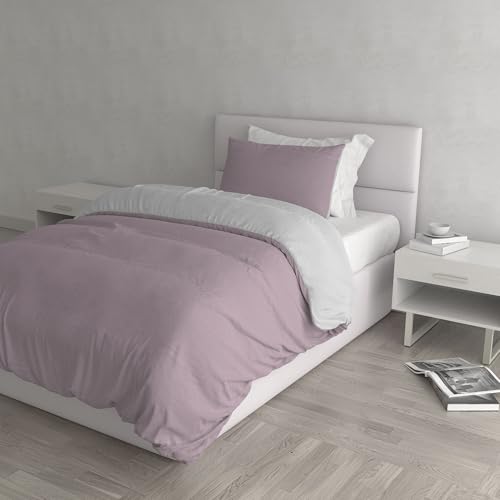 Italian Bed Linen CP-NC-Rosa Antico/Grigio chiaro-1P Natural Color housse de couette double-face couleur unie avec taies d'oreiller, 100 % Coton, Rose/Gris Clair, single