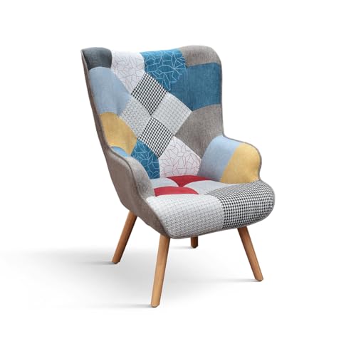 PAZZO DESIGN Poltrona Armando, Lot de 1, Multicolore, Chaise en Tissu pour la Détente, la Lecture, Pieds en Bois - id_2127