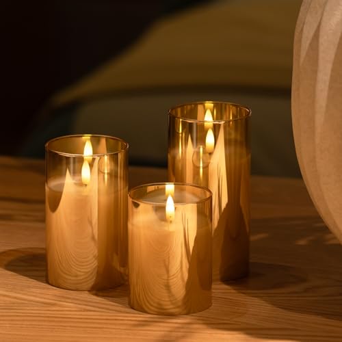 Image of Gold Flameless Candles With Remote LED Battery Operated Pillar Candles Set | Acrylic Cup Design Realistic Glow 10-Key Remote With Timer & Brightness Control for Fireplace, Wedding & Home Decor