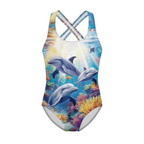 Image of WELLFLYHOM Girls Swimsuit 5-14 Cross Back Swimwear Full Coverage One Piece Bathing Suit Sleeveless Beachwear