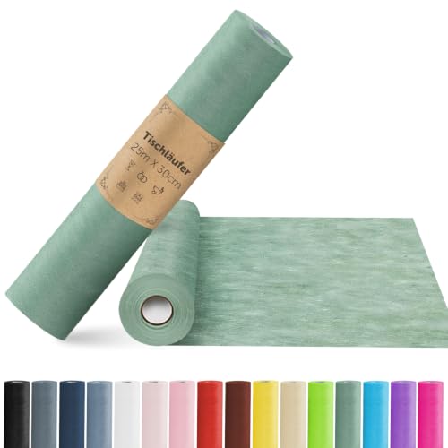 aboveBED 25m x 30cm Vlies Tischläufer Tischläufer Eukalyptus Grün Tischdeko Tischband für Kommunion Hochzeiten Einschulung Taufe Geburtstage Jugendweihe und Party