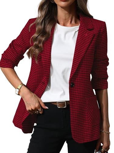 ELLEVEN Plaid Blazers for Women Business Casual Tweed Outfits One-Button Long Sleeve Boyfriend Suit Jacket Houndstooth Fall Work Office Dressy Professional Red Houndstooth Large