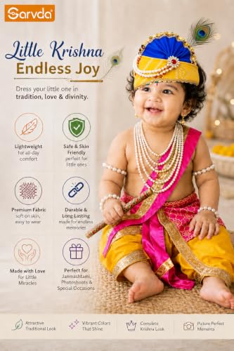 Image of Sarvda Krishna & Radha Dress for Kids - Complete Janmashtami Costume Sets with Dhoti /Lehenga, Mukut, Mor Pankh, Bansuri & Accessories | Fancy Dress for Baby Boys & Girls