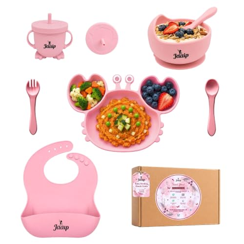Image of JAAIP Silicone Baby Feeding Set - Suction Plate, bib, Fork, Bowl and Spoon for Products 6 to 12 Months Babies Spoons with Plates for Eating (Pink)