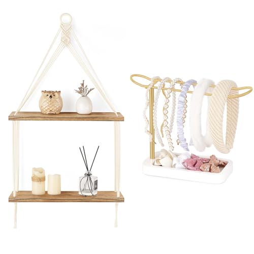 Mkono Macrame Hanging Shelf Boho Wall Decor 2 Tier Handmade Cotto...