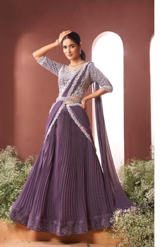 Viscose Mirror & Stone Ready to Wear Draped Sari Lehenga Style Saree Blouse 9344 (Dusty Purple, S)