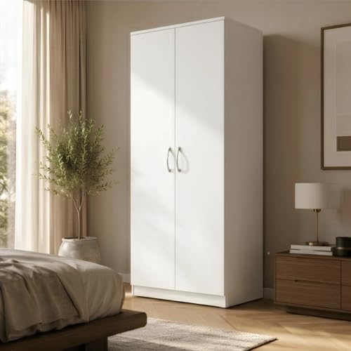 Image of AM MALL Modern 2 Door Wardrobe Ready Assembled, Bedroom Furniture Large Capacity Storage Wardrobes with Shelf & Hanging Rail, White