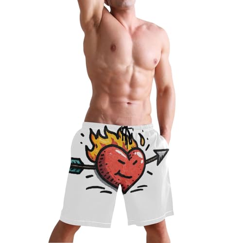 Men's Swim Trunks Heart with Arrow Print, Quick Dry Beach Board Shorts with Lining-S4