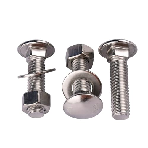 Image of 6 Sets 3 /8-16 x 1 Carriage Bolts Screws Round Head Square Neck and Hex Nuts, Flat Washers 304 Stainless Steel 18-8 Full Thread, Silver
