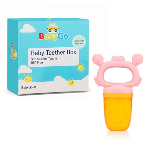 Image of BabyGo Silicone Baby Crab Nibbler & Teether with Rattle Handle | Soft Feeding Feeder for Fruits | Easy Grip Self-Feeding Teething Pacifier & Teether for Babies 6-12 Months | Multicolour | Pack of 1