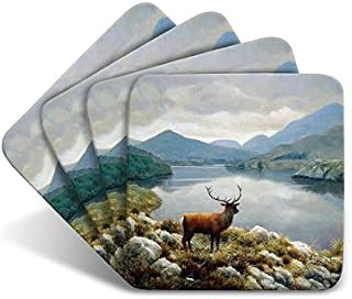 Stag Lake Drinks Coasters by Wildlife Artist Julian Friers - Set of 4 Stag Coasters - Non-Slip, Cork Table Coasters